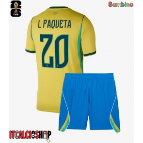Brasile Lucas Paqueta #20 Prima Maglia Bambino Mondiali 2026 Manica Corta (+ Pantaloni corti)